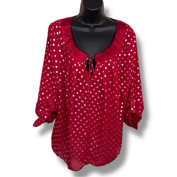 NEW 1X NY Collection Red Gold Polka Dot Blouse Peasant Roll Tab Sleeve Plus - Picture 1 of 15